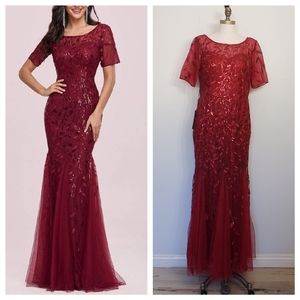 Ever Pretty Red Sequin Short Sleeve Gown for Weddings